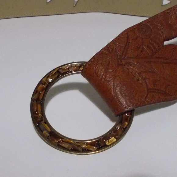Tooled Leather Womens Belt Stone Buckle Fringe main image 6